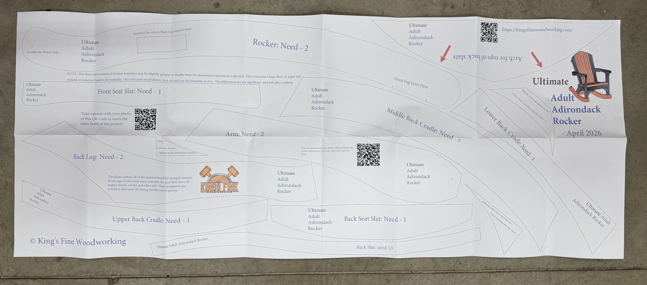 Ultimate Adirondack Rocker Paper Templates Folded in Large Format Envelope