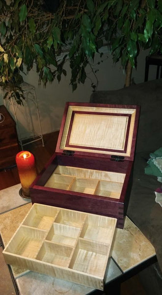 purpleheart keepsake box with maple lift out tray through dovetail joinery custom woodworking piece completed gift candle light