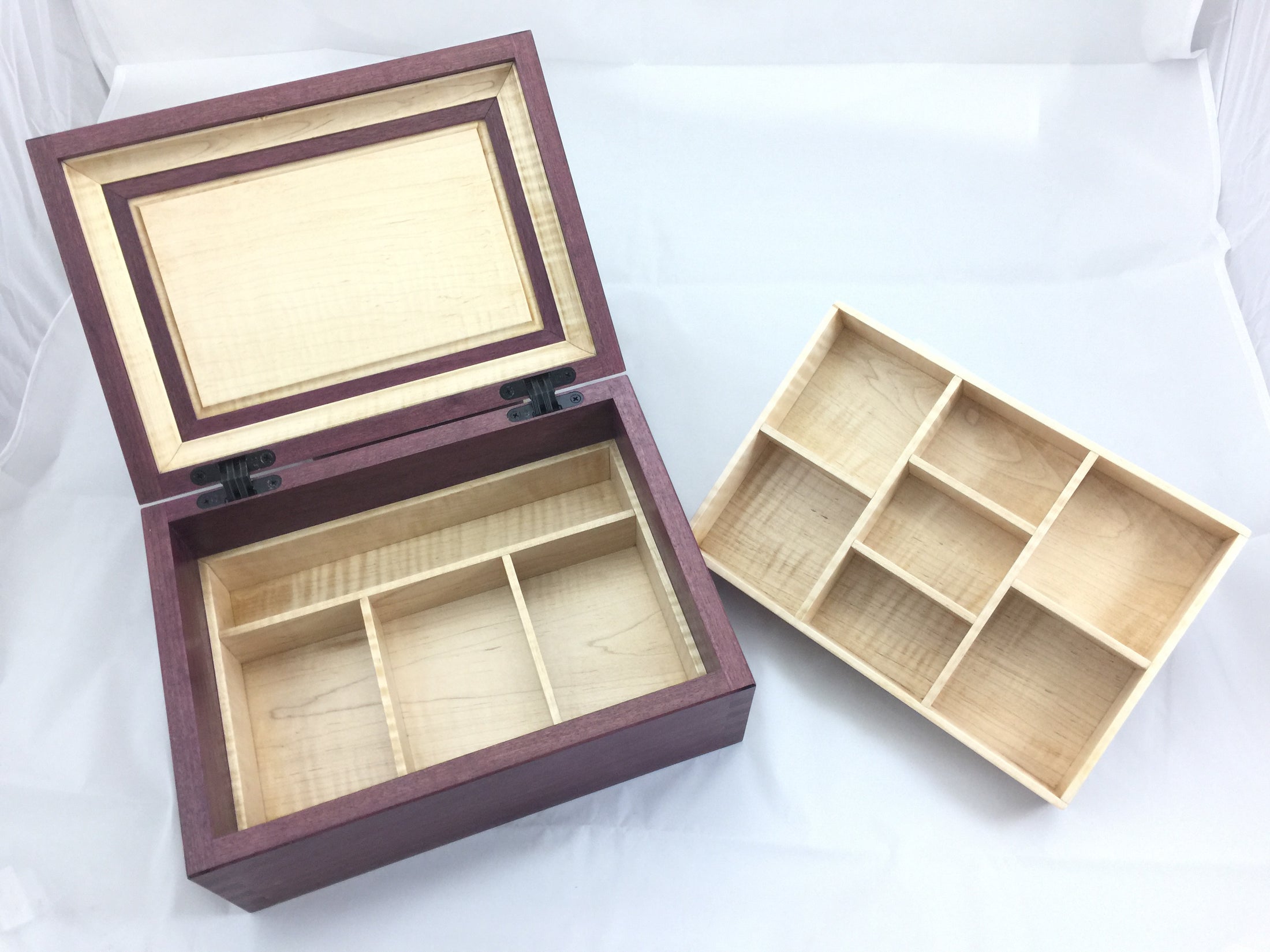 purpleheart keepsake box with maple lift out tray through dovetail joinery custom woodworking piece 