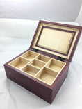Load image into Gallery viewer, purpleheart keepsake box with maple lift out tray through dovetail joinery custom woodworking piece 
