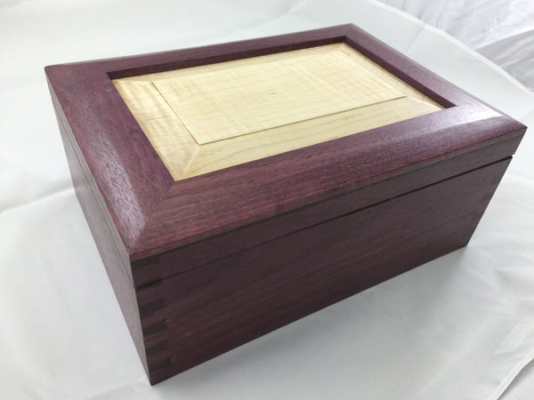 purpleheart keepsake box with maple lift out tray through dovetail joinery custom woodworking piece lid closed