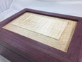 Load image into Gallery viewer, purpleheart keepsake box with maple lift out tray through dovetail joinery custom woodworking piece closeup tiger maple lid 

